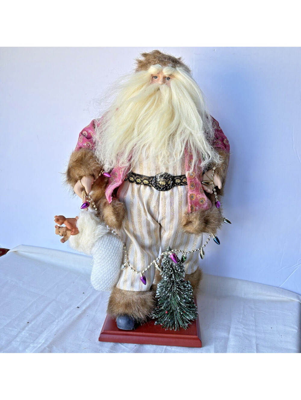 Vintage Glam Pink Santa W/Tree, Lights & Stocking On Wood Base 18” Tall